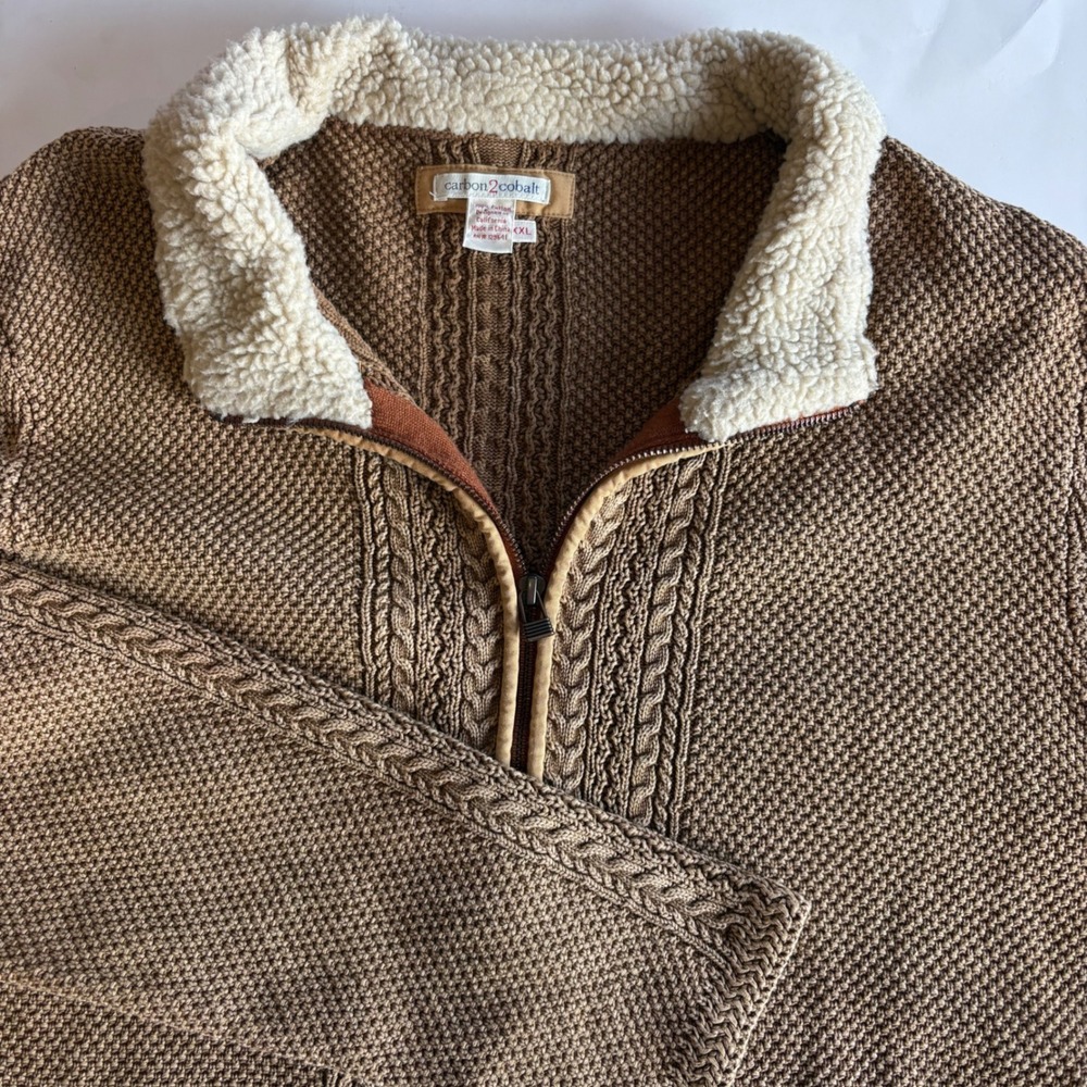 Carbon2Cobalt Mens XXL Wharf Zip Sweater Brown Full Zip Cable Knit Sherpa Collar